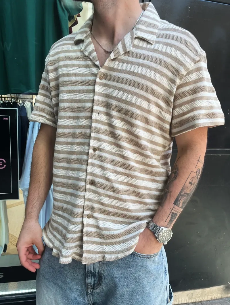 CAMISA CORTA ESTILO LINO MARRON